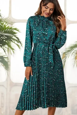 Leopard Print High Neck Long Sleeve Midi Dress In Blue