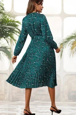 Leopard Print High Neck Long Sleeve Midi Dress In Blue