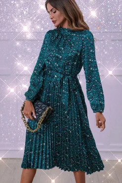 Leopard Print High Neck Long Sleeve Midi Dress In Blue