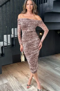 Leopard Print Long Sleeve Bardot Ruched Mesh Midi Dress