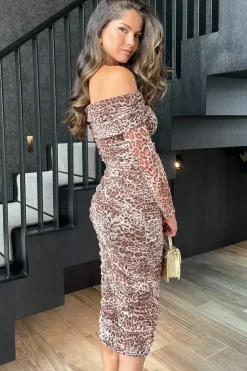 Leopard Print Long Sleeve Bardot Ruched Mesh Midi Dress