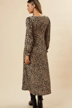 Leopard Print Long Sleeve Midi Dress