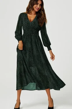 Leopard Print Long Sleeve Midi Dress