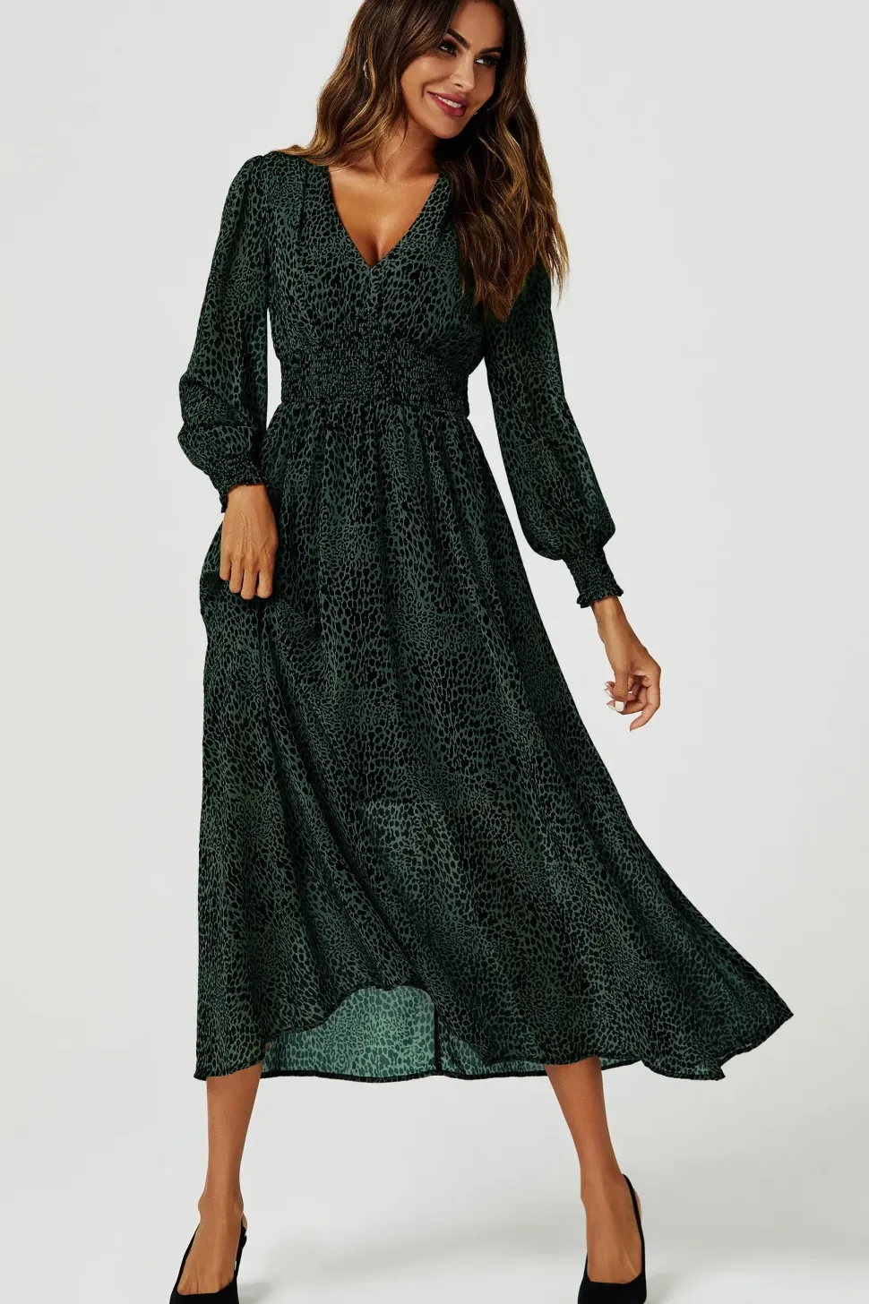 Leopard Print Long Sleeve Midi Dress