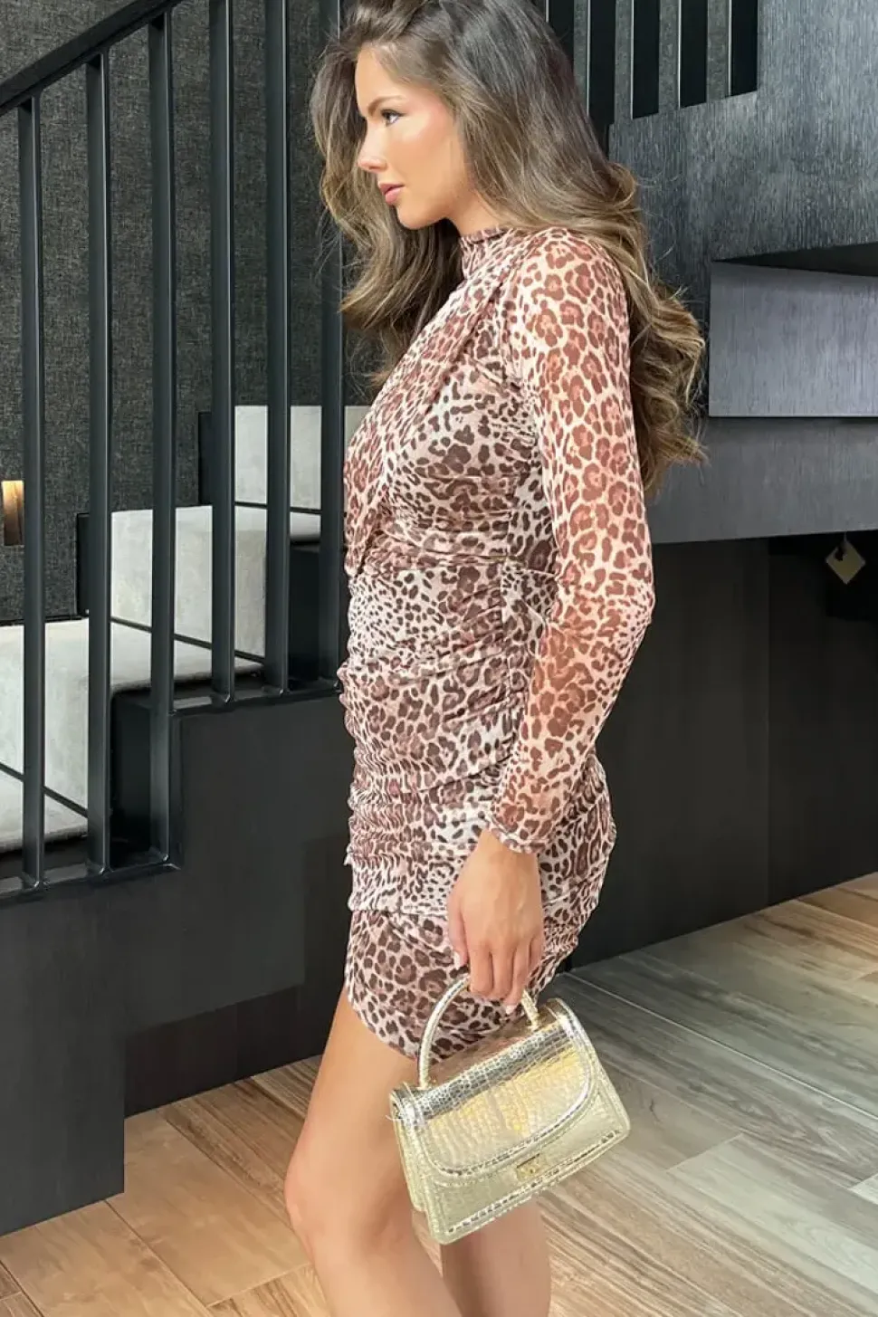 Leopard Print Long Sleeve Ruched Mesh Mini Dress