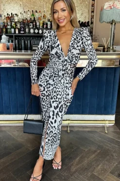 Leopard Print Long Sleeve V Neck Knot Drape Midi Dress