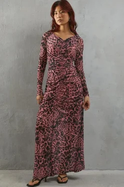 Leopard Print Mesh Fitted Ruched Midi Dress