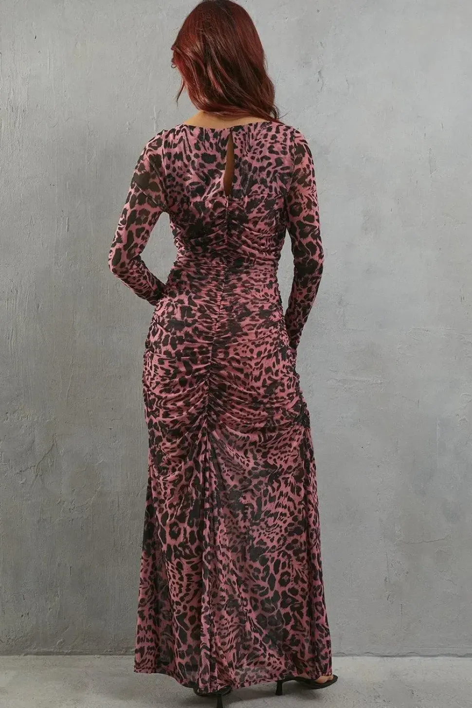 Leopard Print Mesh Fitted Ruched Midi Dress