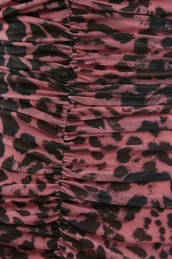 Leopard Print Mesh Fitted Ruched Midi Dress
