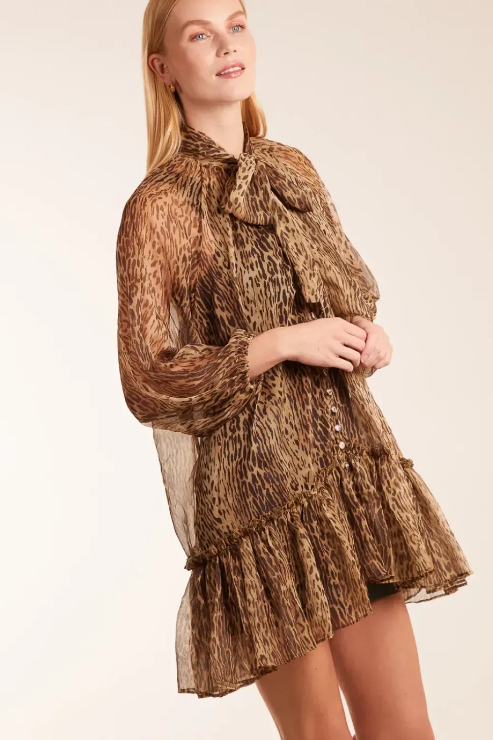 Leopard Print Pussy Bow Frill Shirt Dress