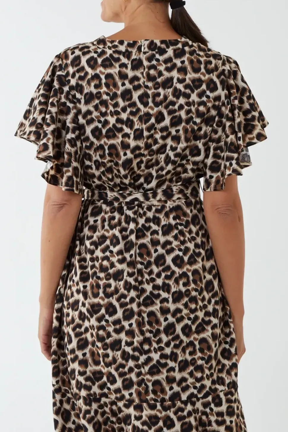 Leopard Print Ruffle Wrap Midi Dress