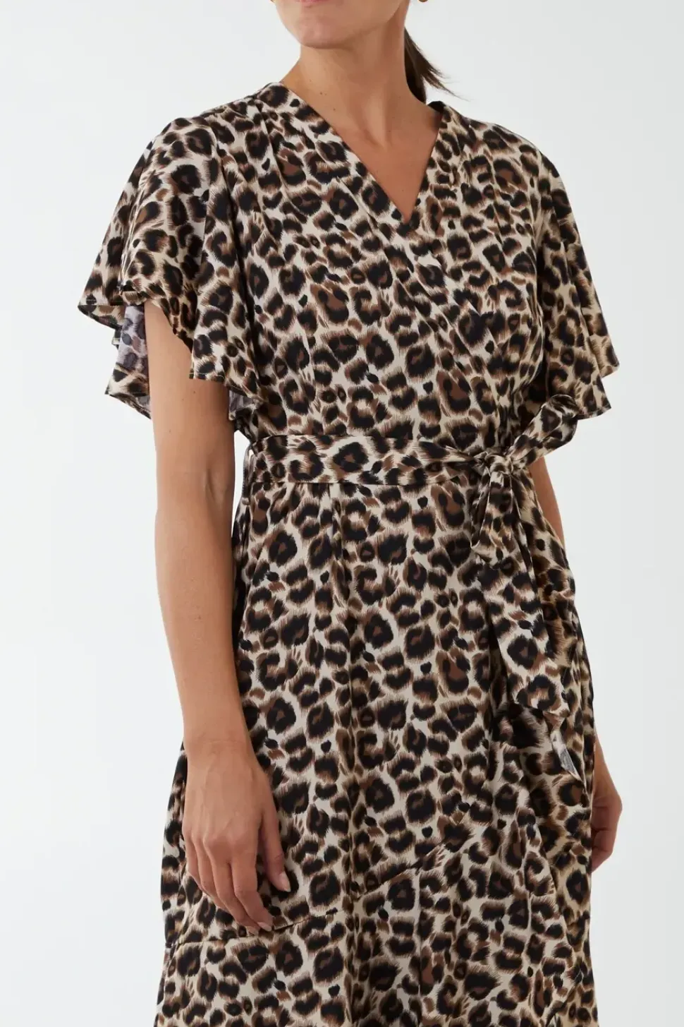 Leopard Print Ruffle Wrap Midi Dress