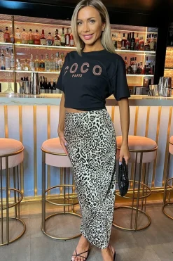 Leopard Print Satin Midi Length Skirt