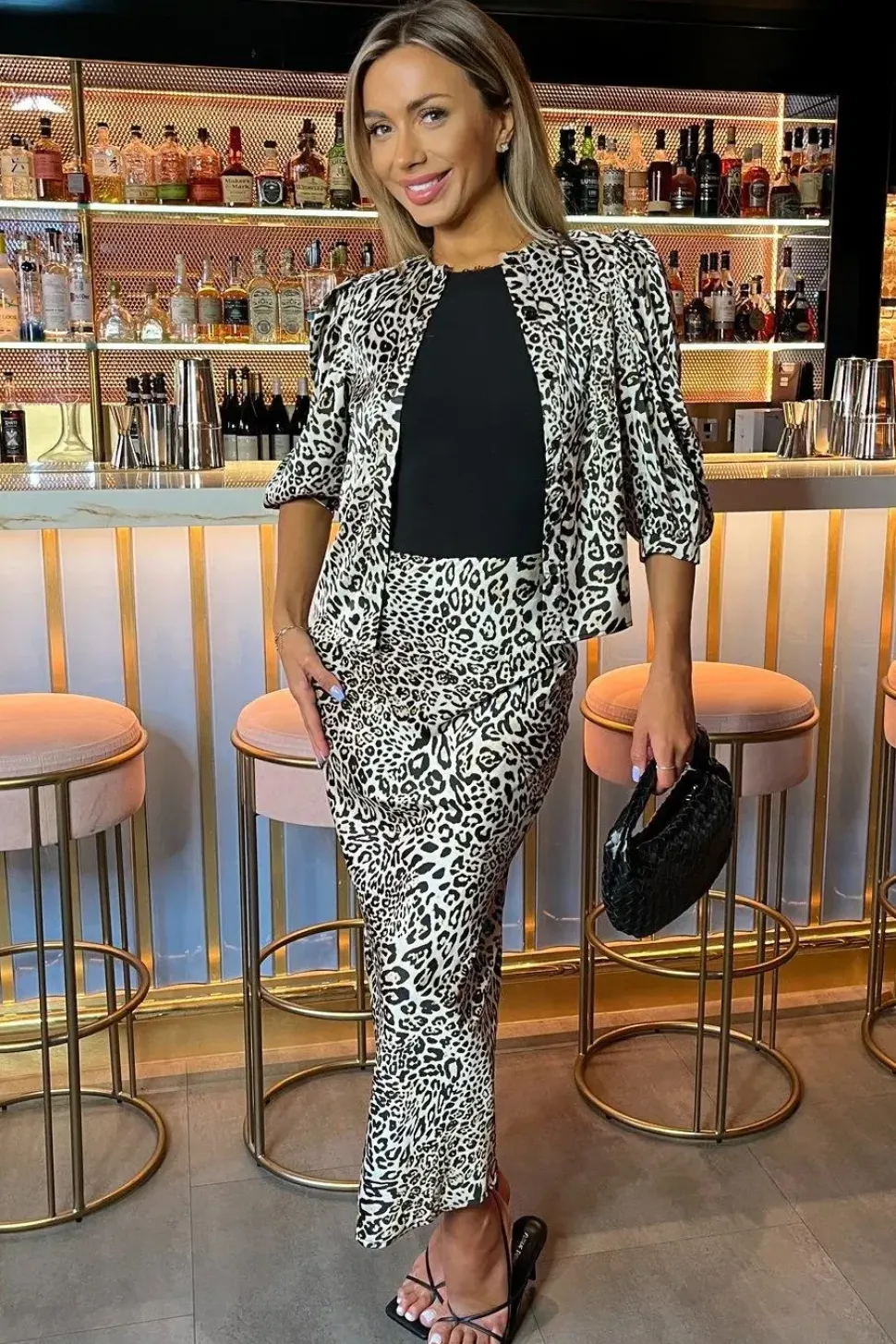 Leopard Print Satin Midi Length Skirt