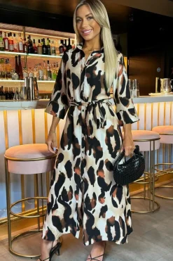 Leopard Print Shirt Midi Dress