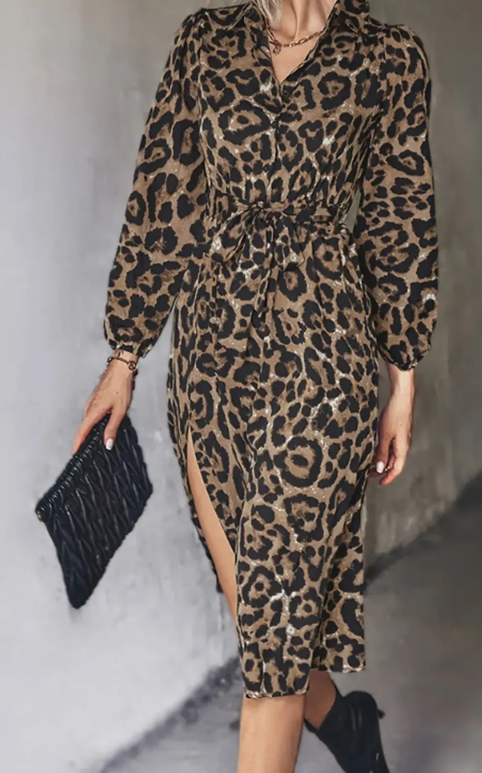 Leopard Print Split Leg Midi Shirt Dress
