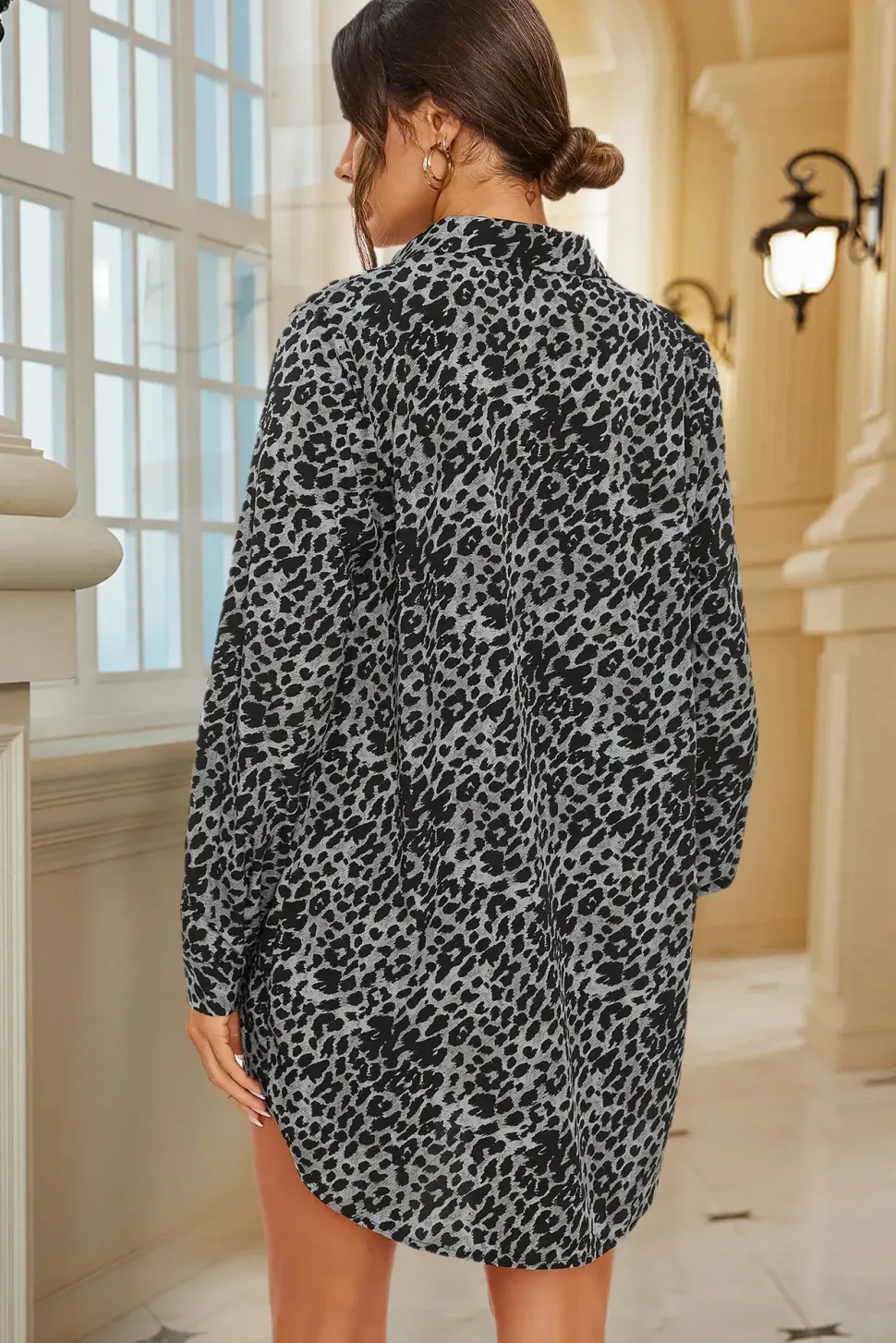Leopard Print Tunic Shirt In Grey Blue