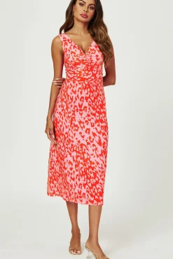 Leopard Print V Neck Knot Front Midi Dress In Pink