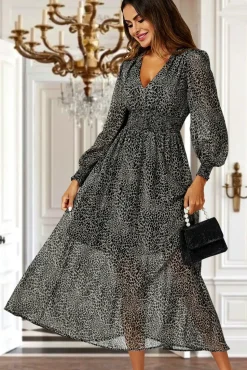Leopard Print V-Neckline Long Sleeve Maxi Dress In Grey