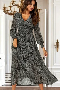 Leopard Print V-Neckline Long Sleeve Maxi Dress In Grey