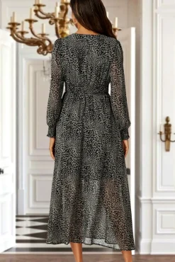 Leopard Print V-Neckline Long Sleeve Maxi Dress In Grey