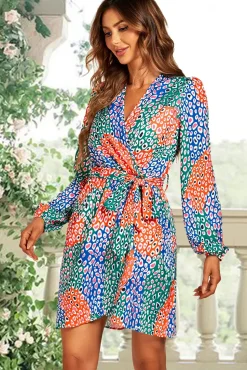 Leopard Print Wrap Mini Dress In Blue