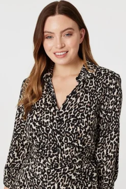 Leopard Print Wrap Shirt Dress