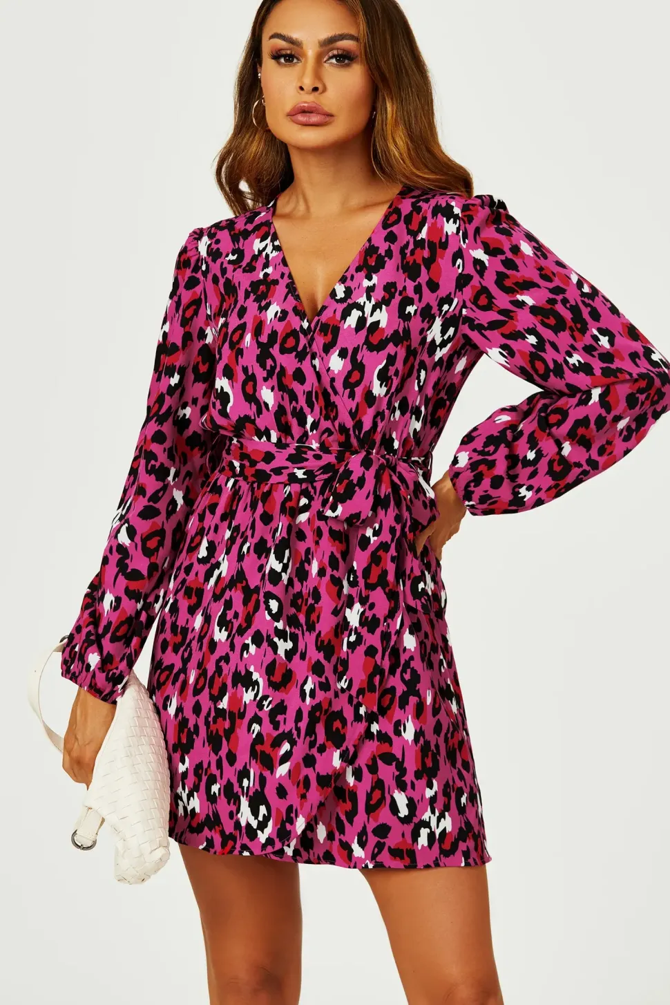 Leopard Print Wrap Top Mini Dress In Magenta