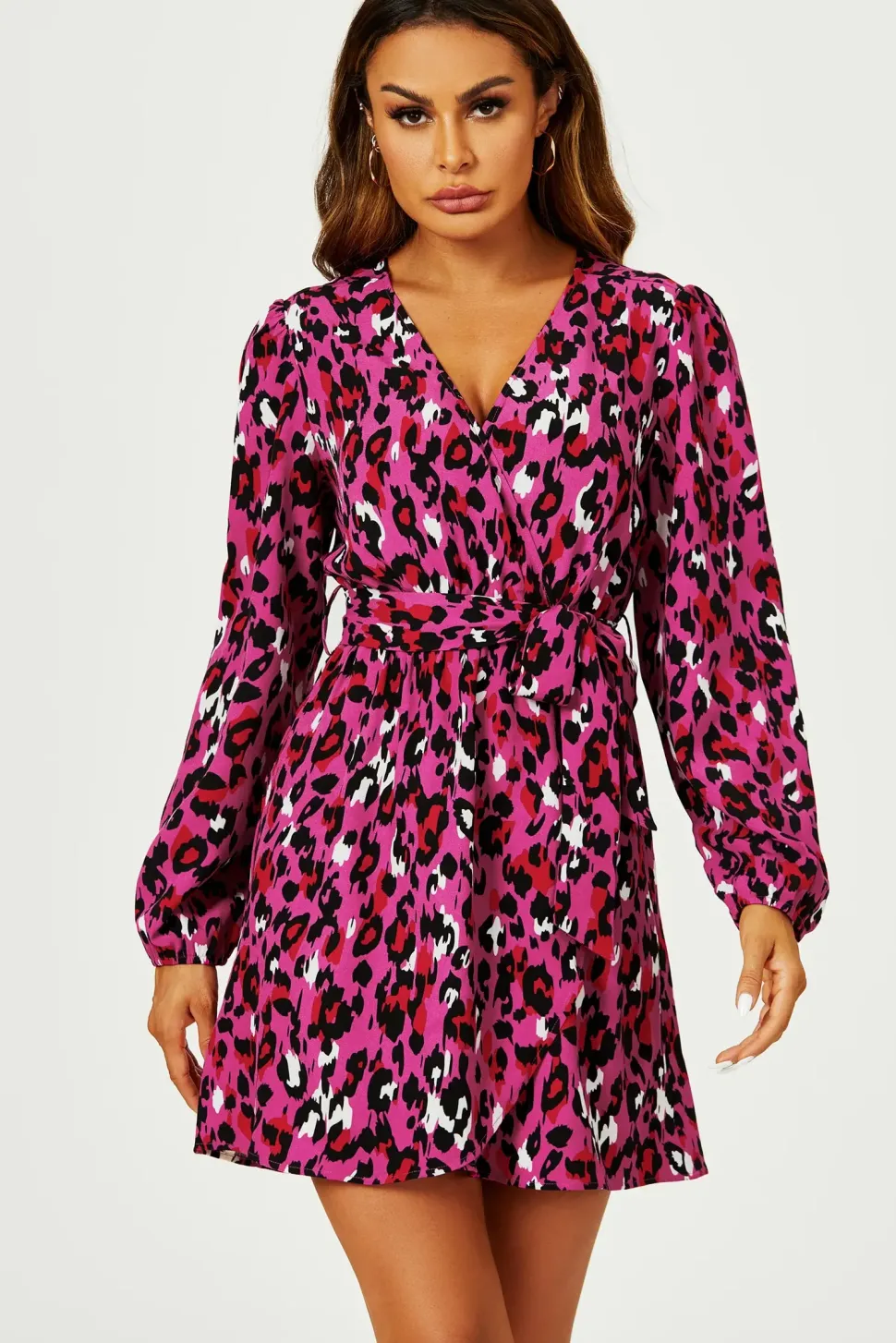 Leopard Print Wrap Top Mini Dress In Magenta