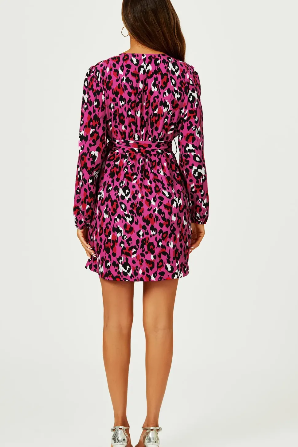 Leopard Print Wrap Top Mini Dress In Magenta