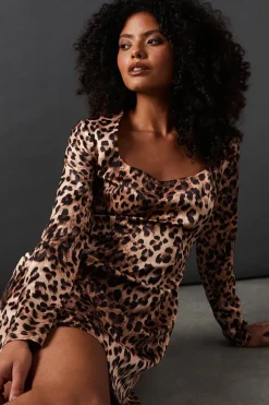 Leopard Structured Satin Scoop Neck Fitted Mini Dress
