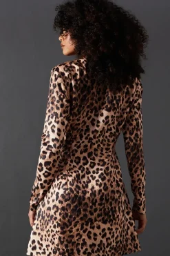 Leopard Structured Satin Scoop Neck Fitted Mini Dress