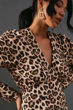 Leopard Viscose V Neck Long Puff Sleeve Midi Dress