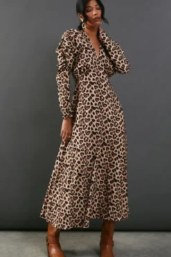 Leopard Viscose V Neck Long Puff Sleeve Midi Dress