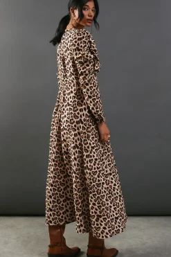 Leopard Viscose V Neck Long Puff Sleeve Midi Dress