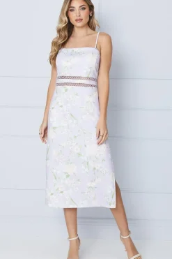 Lilac Floral Scuba Column Trim Insert Midi Dress
