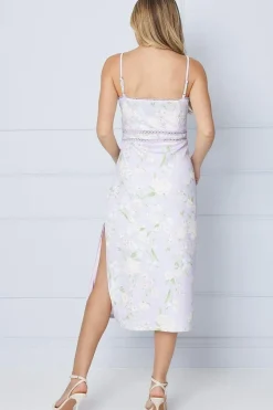 Lilac Floral Scuba Column Trim Insert Midi Dress