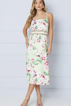 Lime Floral Scuba Column Trim Insert Midi Dress