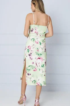 Lime Floral Scuba Column Trim Insert Midi Dress