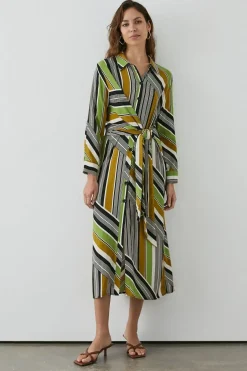 Lime Stripe Print Front Tie Shirt Midi Dress