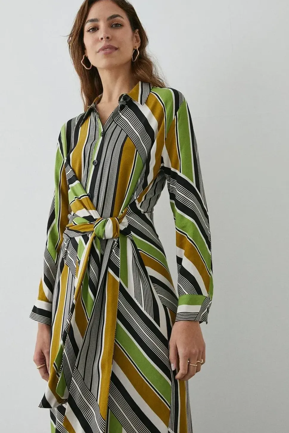Lime Stripe Print Front Tie Shirt Midi Dress