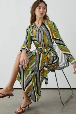 Lime Stripe Print Front Tie Shirt Midi Dress