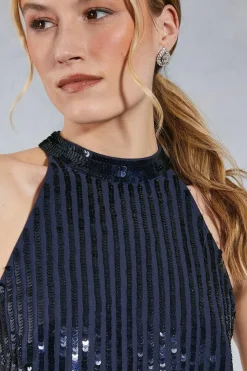 Linear Sequin Halter Neck Maxi Dress