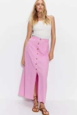 Linen Button Detail Midi Skirt