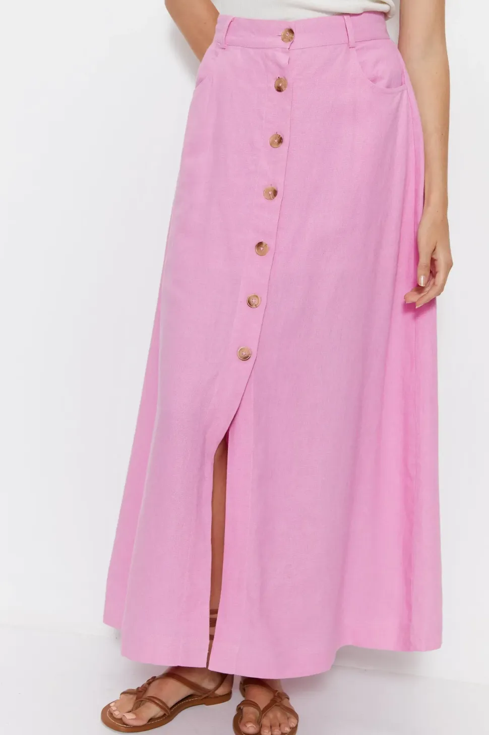Linen Button Detail Midi Skirt