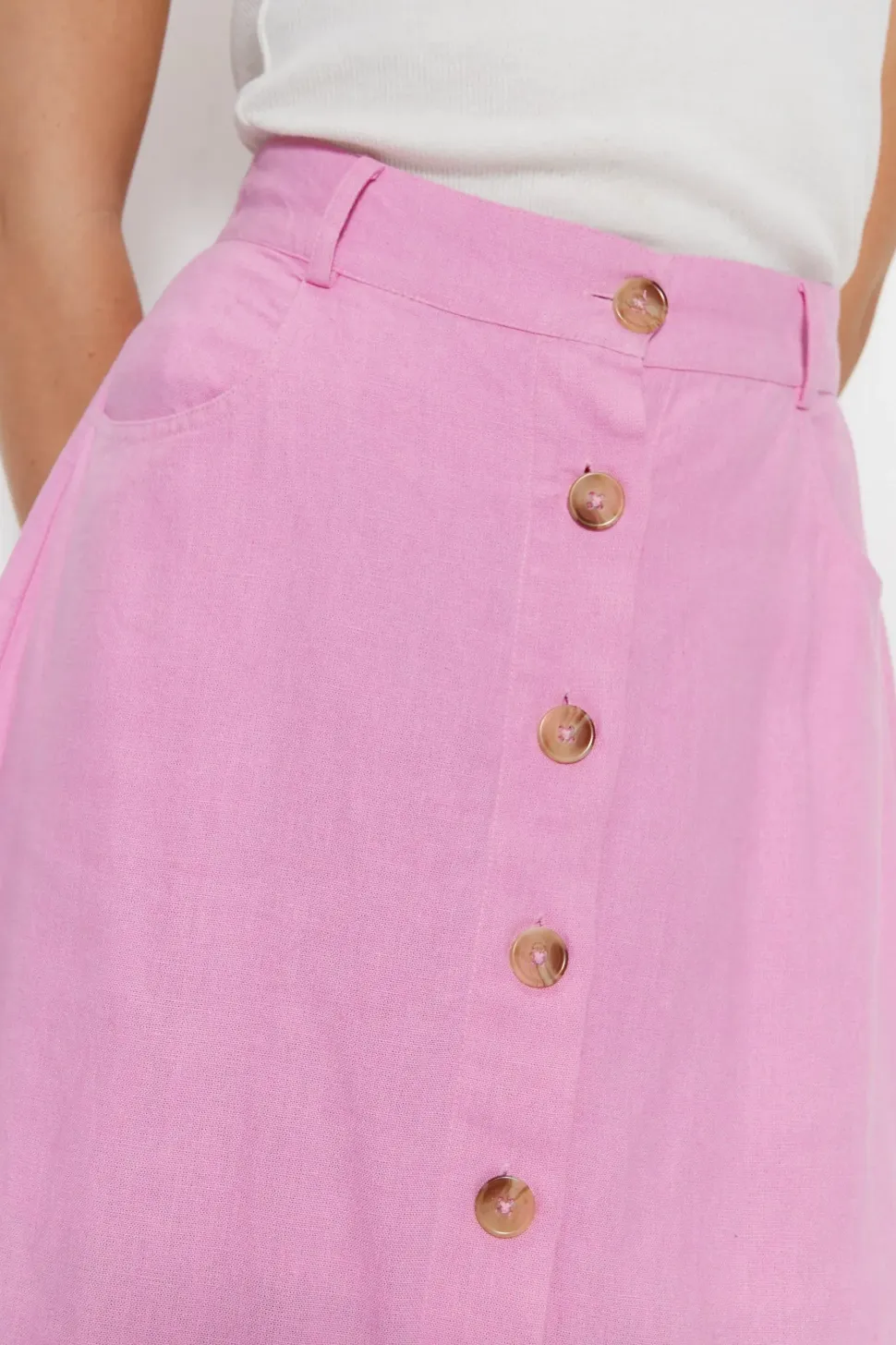 Linen Button Detail Midi Skirt