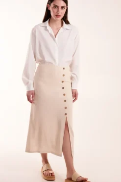 Linen Button Front Midi Skirt