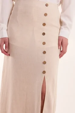 Linen Button Front Midi Skirt