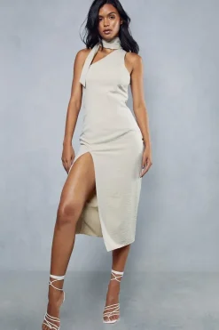 Linen Choker Tie Neck Split Leg Midi Dress
