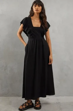 Linen Frill Neck Plunge Neck Midi Dress